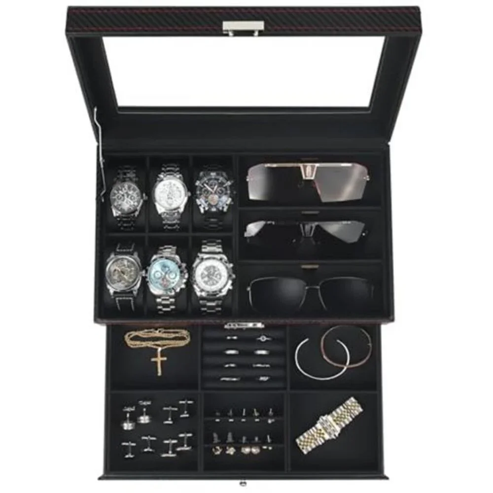 Watch Jewelry Box Organizer 6-Slot 2-Layer Watch Case and Sunglasses Storage